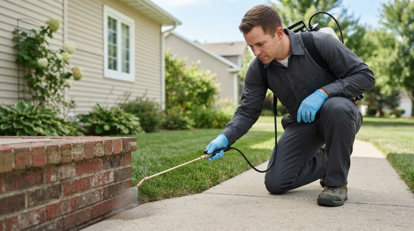 Pest control technician treating a home near Greene, ME
