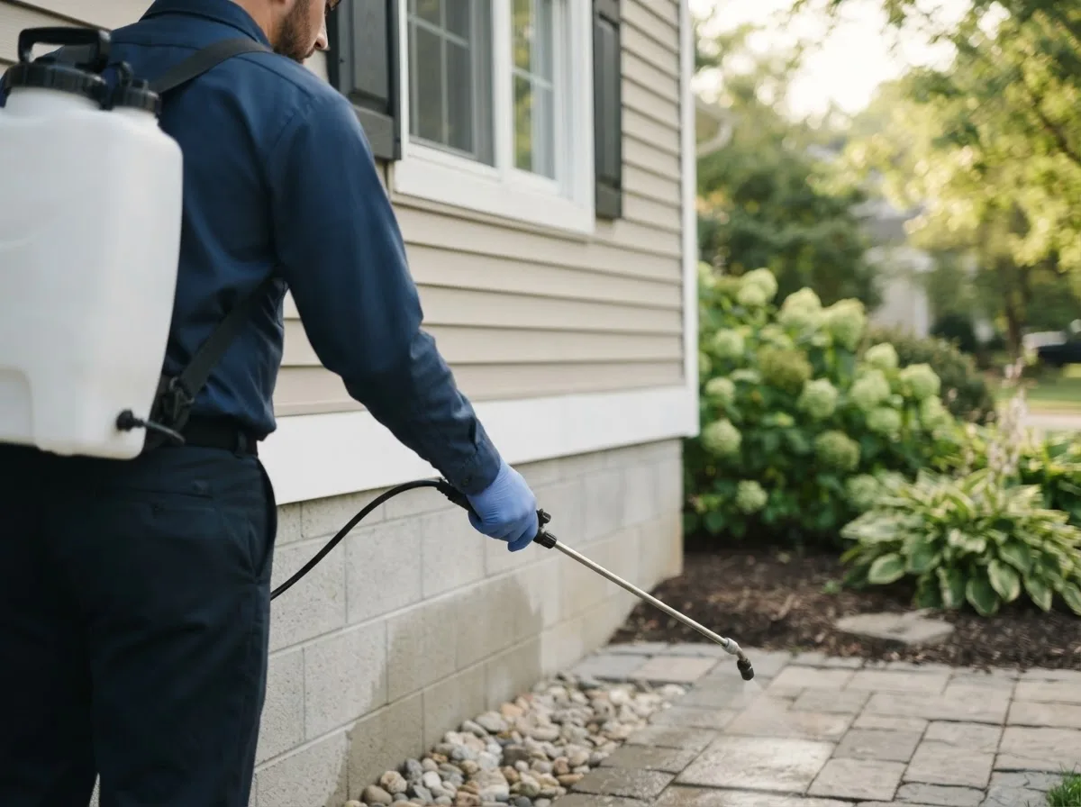 Pest control technician inspecting a home in Greene, ME